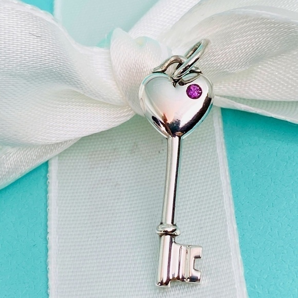 Tiffany & Co Heart Key pink sapphire  charm 925 silver w/box - Picture 1 of 5
